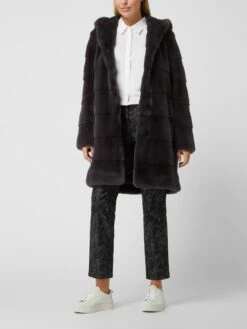 PETITE M. Mantel Aus Webpelz Mit Kapuze - Anthrazit